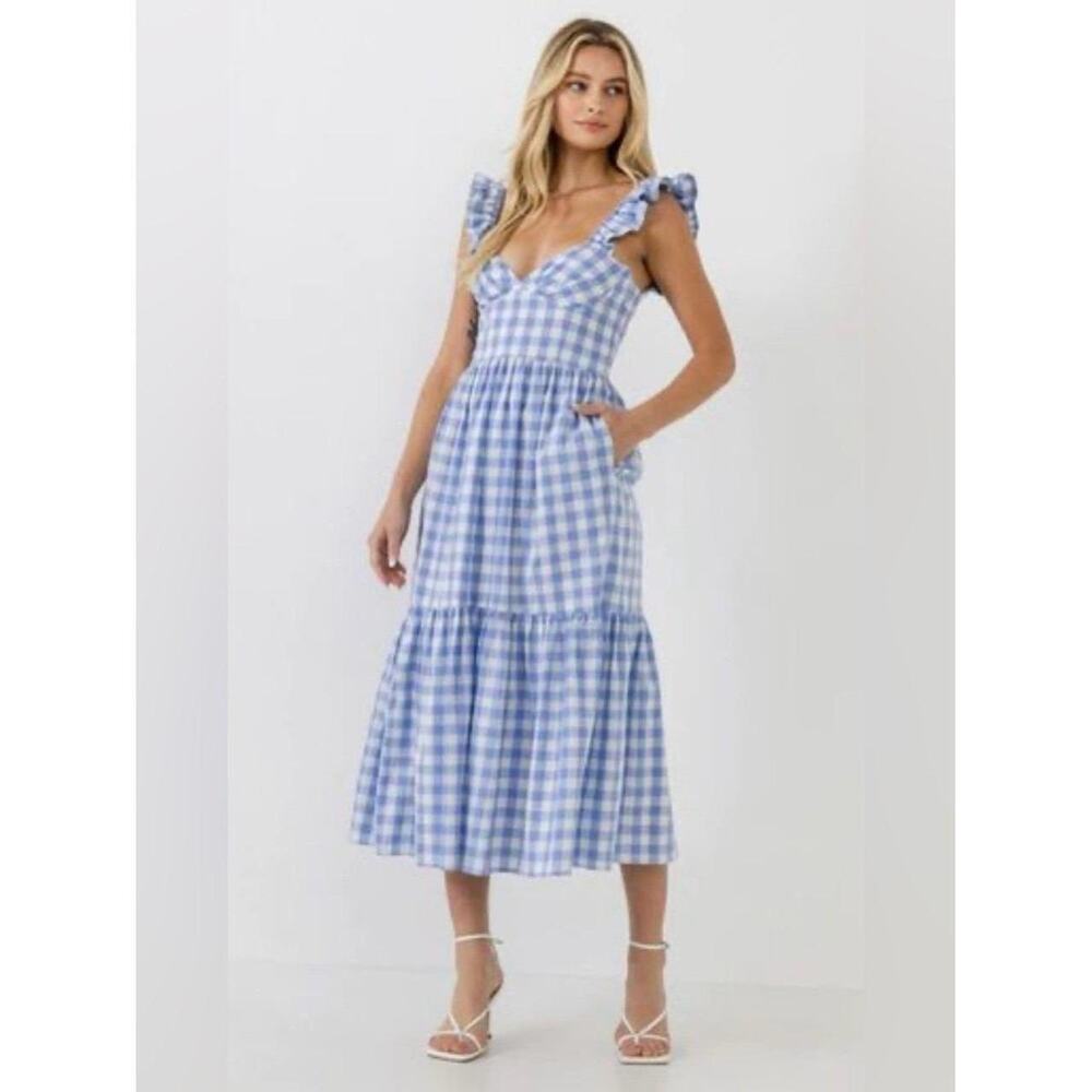 English Factory Gingham Tiered Sleeveless Cotton Midi Dress